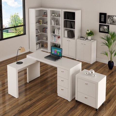 Conjunto Escritório 6 Peças com Mesa para em L, Balcão, Gaveteiro, Armário Multiuso Alto e 2 Estante