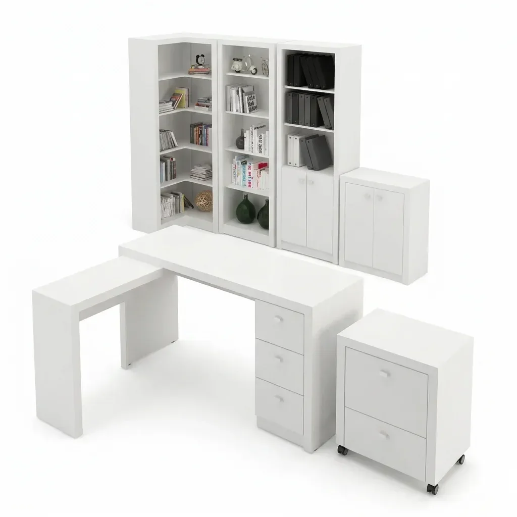 Ver imagem 2 de Conjunto Escritório 6 Peças com Mesa para em L, Balcão, Gaveteiro, Armário Multiuso Alto e 2 Estante