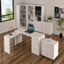 Ver imagem 1 de Kit Escritório 6 Peças com Mesa para Escritório em L, Balcão, Gaveteiro, Armário Multiuso Alto e 2 Estantes