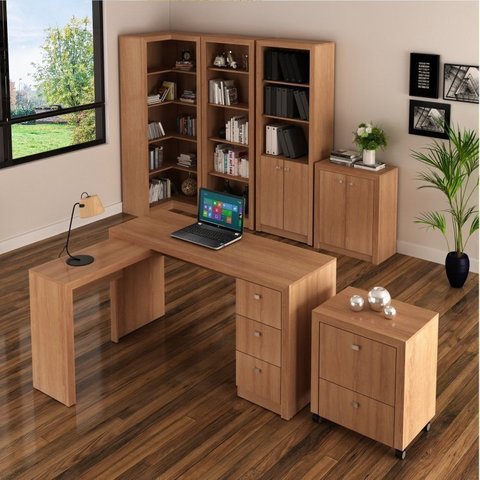 Kit Escritório 6 Peças com Mesa para Escritório em L, Balcão,  Gaveteiro,  Armário Multiuso Alto e 2 Estantes