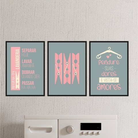 Kit 3 Quadros Lavanderia Cinza E Rosa 24x18cm - com vidro:Madeira branca