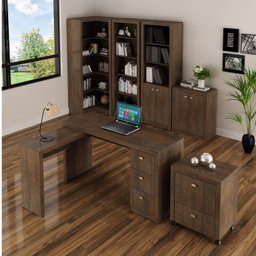 Kit Escritório 6 Peças com Mesa para Escritório em L, Balcão,  Gaveteiro,  Armário Multiuso Alto e 2 Estantes - 1