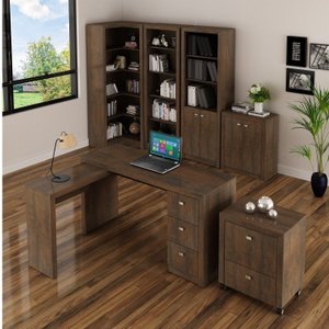 Kit Escritório 6 Peças com Mesa para Escritório em L, Balcão,  Gaveteiro,  Armário Multiuso Alto e 2 Estantes