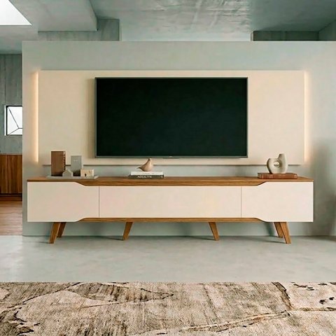 Rack Retrô com Painel para TV até 70 Polegadas com LED 2,20m Shop - Off White/Cedro