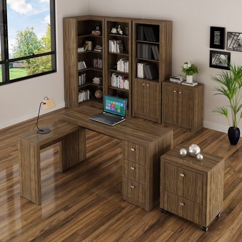 Conjunto Escritório 6 Peças com Mesa para em L, Balcão, Gaveteiro, Armário Multiuso Alto e 2 Estantes Nogal