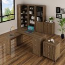 Ver imagem 1 de Kit Escritório 6 Peças com Mesa para Escritório em L, Balcão, Gaveteiro, Armário Multiuso Alto e 2 Estantes