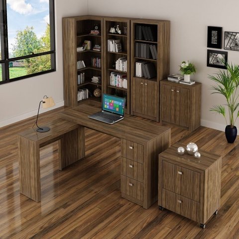 Conjunto Escritório 6 Peças com Mesa para em L, Balcão, Gaveteiro, Armário Multiuso Alto e 2 Estante