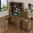 Ver imagem 1 de Conjunto Escritório 6 Peças com Mesa para em L, Balcão, Gaveteiro, Armário Multiuso Alto e 2 Estante Marrom/Nogal