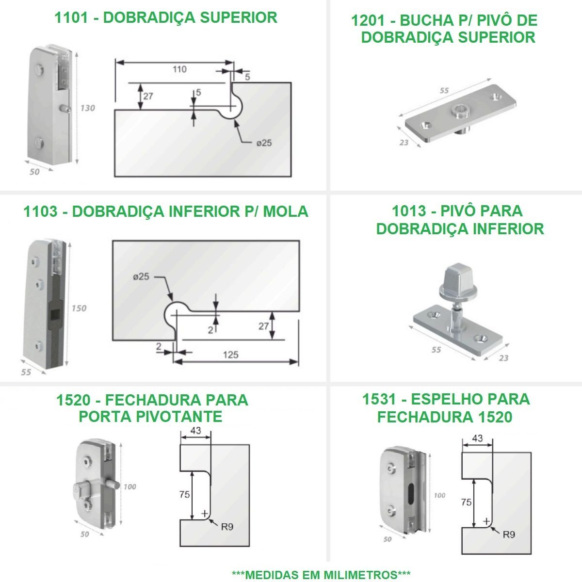 Kit porta dupla pivotante para vidro temperado blindex (Sistema tradicional opção mola) - Cromado - 2