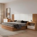 Ver imagem 1 de Cama Casal King com Cabeceira Ripada 3,45m e 02 Mesas de Cabeceira 100% MDF Cor:Off White com Freijó