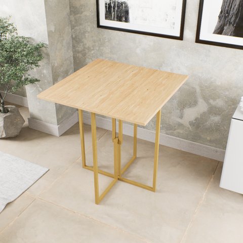 Mesa Quadrada Industrial 70cm Dourada Tampo Madeira Pinus Don Castro Decor Industrial Premium