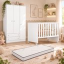 Ver imagem 1 de Kit Quarto de Bebê Doce Sonho com Berço com Rodízio Guarda Roupa 3 Portas e Colchão D18 130x60 Movel