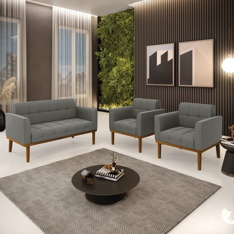 Conjunto 2 Poltronas e 1 Namoradeira Decorativa Karen Pés Fixo em Madeira Castanho Suede Grafite G19