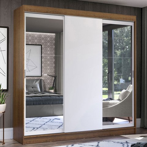 Guarda-Roupa Casal Madesa Istambul 3 Portas de Correr com Espelhos 3 Gavetas Rustic/Branco Cor:Rusti