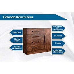 Cômoda Casal Zeus c/ 1 Porta e 4 Gavetas Puxador Madeira Branco - Bianchi - 2
