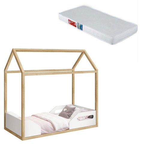 Mini Cama Montessoriana Zoe Branco Acetinado Pinus Natural com Colchão Ortobom - Reller