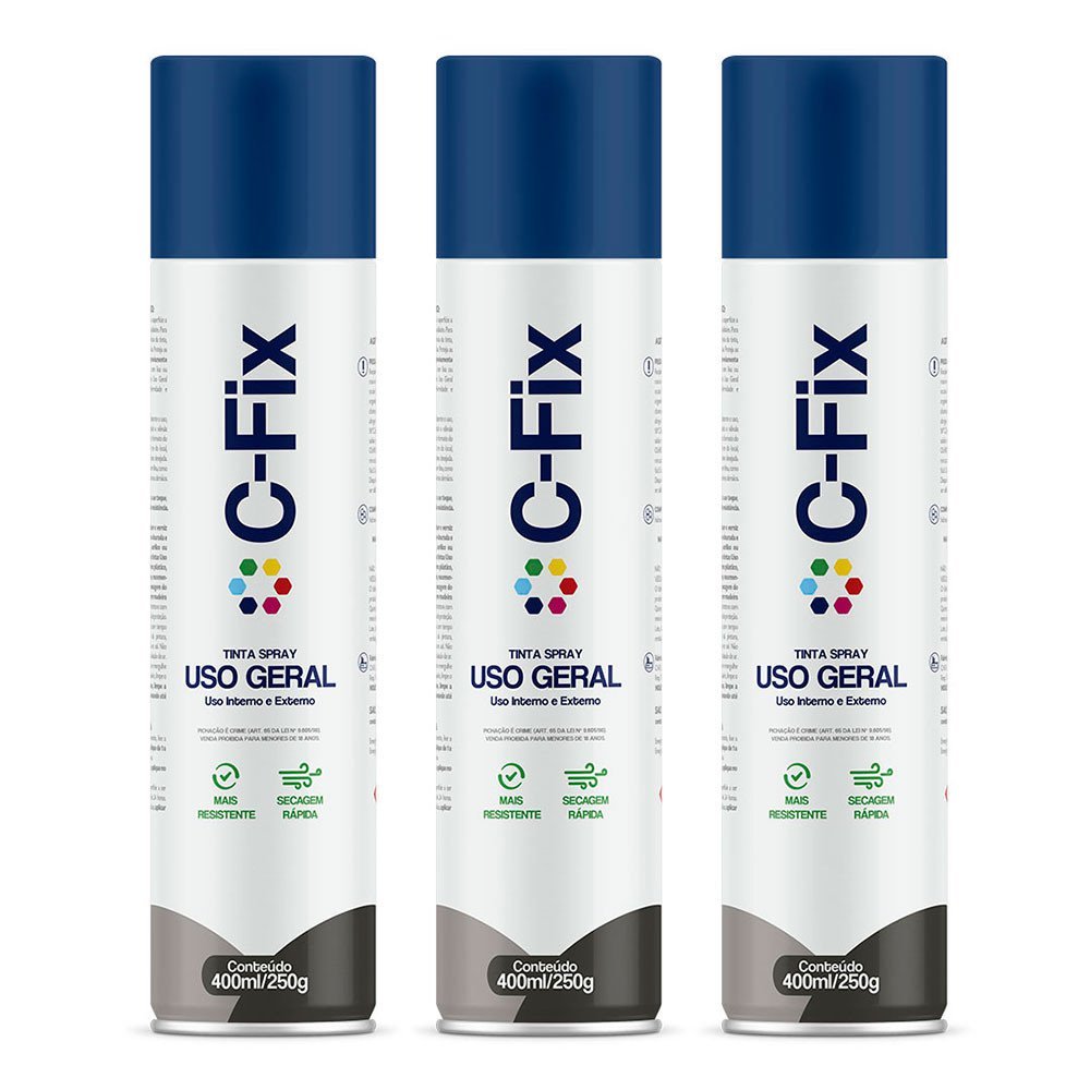 Kit 3 Tintas Spray Azul Escuro Uso Geral Int/Ext 400ml C-fix - 1