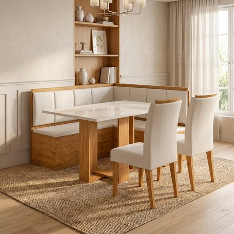 Canto Alemão Baú com Mesa Retangular Tampo em Vidro e 2 Cadeiras 120x80cm Casuá Mel Off White