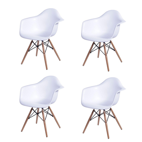 Conjunto com 4 Cadeiras Quarto Escritório Sala Charles Design Eames com Braços Eiffel Wood - Branca