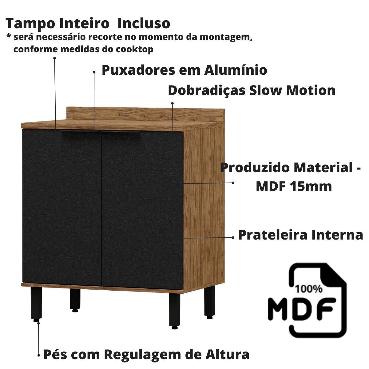 Balcão para Cooktop 2 Portas em MDF Lombardia - cor Freijó Nero - 3