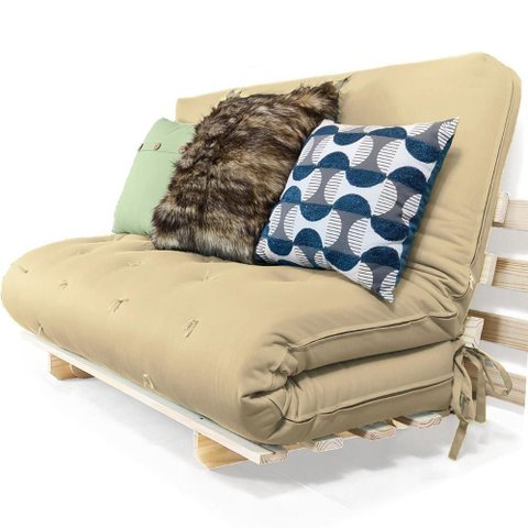 Sofa Cama Casal Futon Oriental Bege Sarja Impermeável com Madeira Maciça