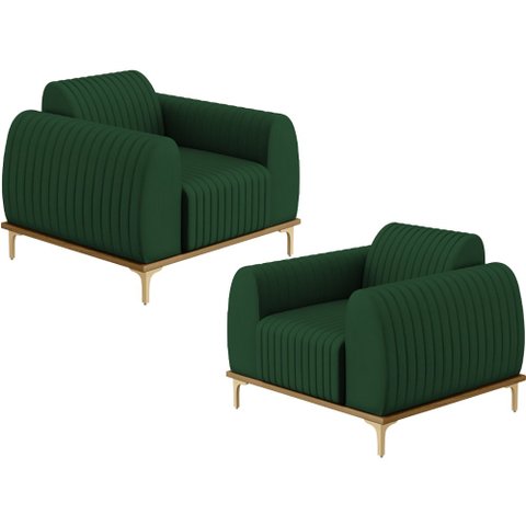 Kit 02 Poltronas Decorativa Base Madeira Pés D'Ouro Molino D02 Veludo Verde Musgo C-303 - Lyam