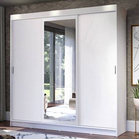 Guarda-Roupa Casal Madesa Istambul 3 Portas de Correr com Espelho 3 Gavetas Branco Cor:Branco