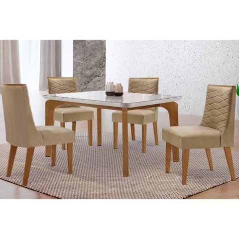 Conjunto: Mesa Sala Jantar Londrina C/ Tampo Madeirado C/ Vidro Canto Curvo 120x80cm 4 Cadeiras