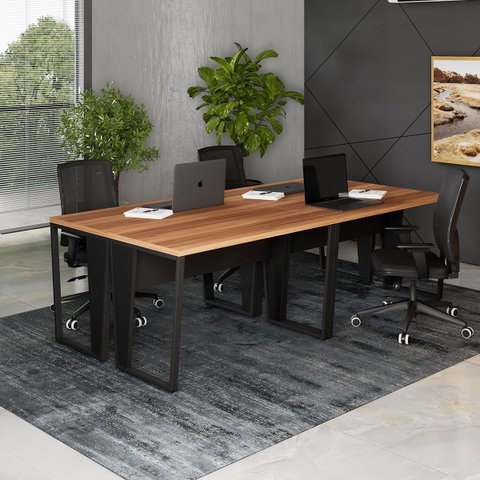 Estação Trabalho Escritório P/ 4 Pessoas 240cm Pé Metal F5 Cor:nogal com Preto