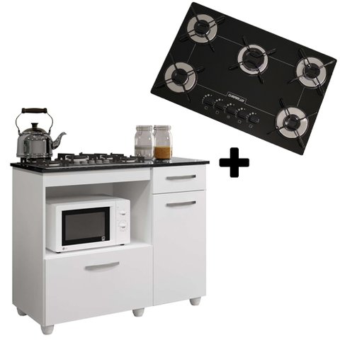 Kit Balcão para Cooktop Violeta Cor Branca com Fogão Cooktop 5 Bocas Ultrachama Preto