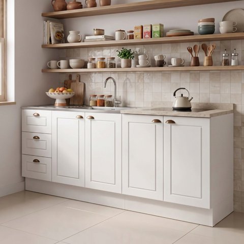 Cozinha Compacta Modulada 100% MDF 2 Balcões e 1 Tampo com Furo para Cooktop Branca/Calcare Emily
