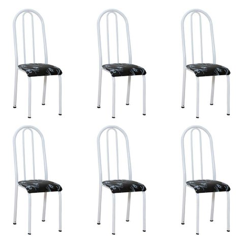 Kit 6 Cadeiras de Cozinha Flórida Estampado Preto Florido Pés de Ferro Branco