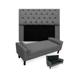 Jogo Com Cabeceira Mirage + Recamier Baú Fenix Casal 140 cm Suede Cinza - DL DECOR - 1