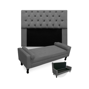 Jogo Com Cabeceira Mirage + Recamier Baú Fenix Casal 140 cm Suede Cinza - DL DECOR