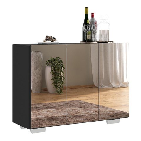Aparador Buffet 3 Portas Com Espelho E Pés Quadrados Vegas V1014 Preto/Branco Preto/Branco