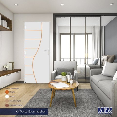 Kit Porta de Madeira Decorada 212x75cm com Batente de Alumínio 3,6cm Cantareira MGM Branco
