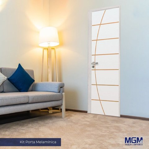 Kit Porta de Madeira Decorada 212x75cm com Batente de Alumínio 3,6cm Neblina MGM Abertura Direita Branco