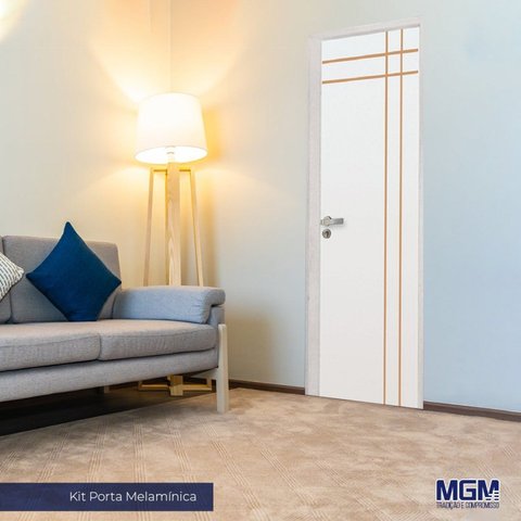 Kit Porta de Madeira Decorada 212x85cm com Batente de Alumínio 3,6cm Mantiqueira MGM Branco