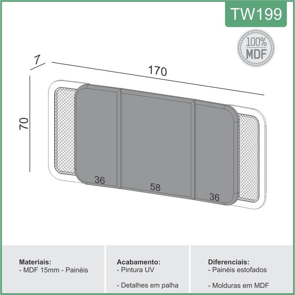 Cabeceira Estofada Casal Curva com Detalhes em Tela Natural 170x70cm Tw199 Dalla Costa Tw194 Freijo/ - 4