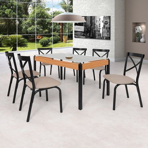 Conjunto Sala de Jantar Mesa 140cm x 77cm Tampo Vidro com 6 Cadeiras Karina Preto Fosco/Bege