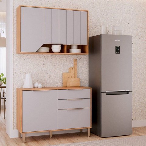 Cozinha Modulada 2 Peças Celeste com 1 Balcão e 1 Armário Aéreo Cinamomo/Platina