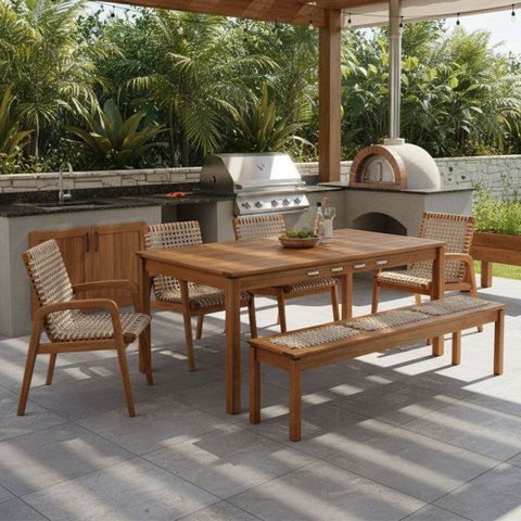 Mesa de Jantar com Banco de Madeira 180cm e 04 Cadeiras Trammare C07 Corda Areia - Lyam Decor