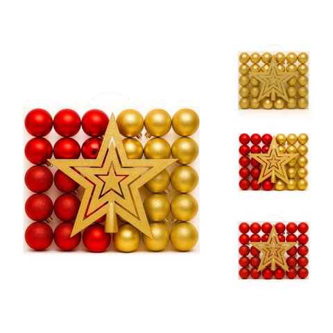 Kit 60 Bolas Vermelho e Dourado Natal Lisas/Foscas/Glitter c/ Ponteira Enfeite