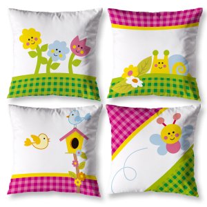 Kit 4 Almofadas Cheias Estampadas Infantil 40cm X 40cm Zíper Invisível Digital Decorativa Florzinha