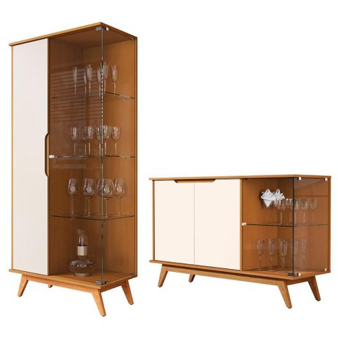 Conjunto Cristaleira e Aparador Buffet Tucumã com 3 Portas Nature/off White