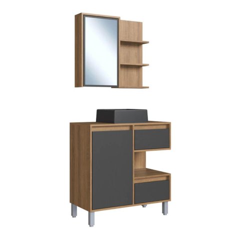 Gabinete 80cm Paula Mel Grafite Espelheira Porta Cuba Preta em Mármore Sintético de Banheiro