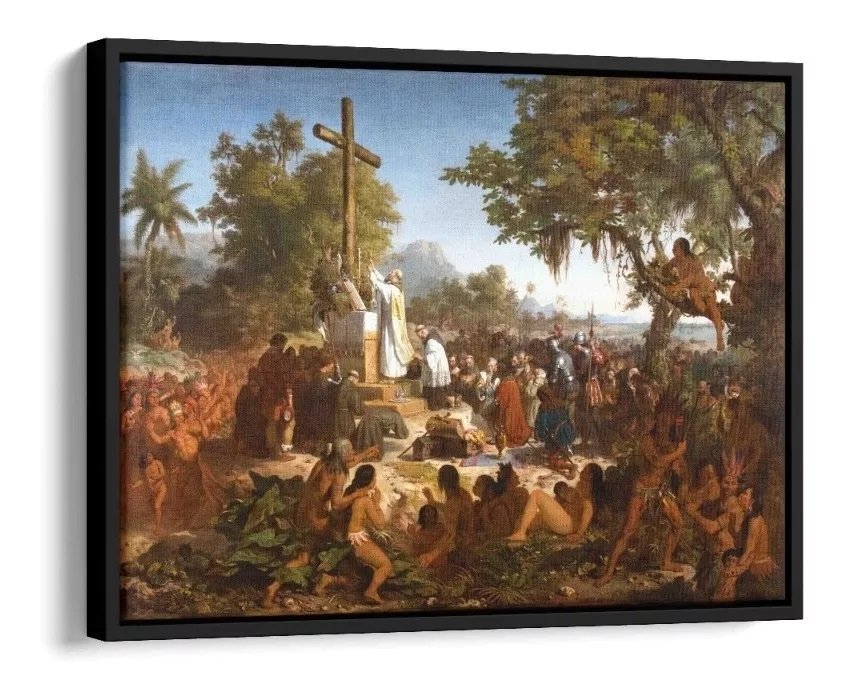 Quadro Decorativo Canvas Primeira Missa Brasil Religioso - Preto - 2