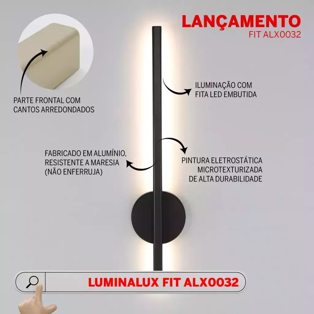 Arandela One Way Luz Indireta Preta 20w 90cm Aluminio 3 Cores de Luz 3000k 4000k 6000k - 5