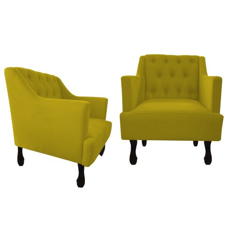 Kit 2 Poltronas Decorativa Julia Couro Amarelo Pés Madeira Mz Decor