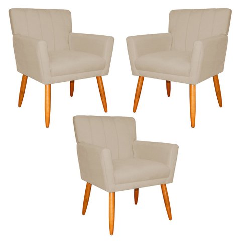 Kit 3 Poltronas Decorativa para Sala de Estar Cecília Suede Bege - Montanaris Decor Md Montanaris de